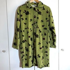 Vintage Corduroy Green Floral Button Up Dress Size 14